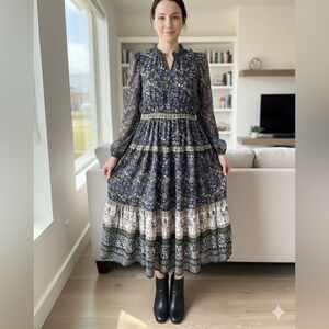 ANTONIO MELANI Navy Floral Long Sleeve Chiffon Dress Size 14